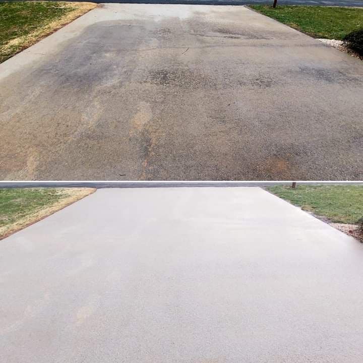 Before and after driveway cleaning showing significant improvement in appearance and cleanliness.