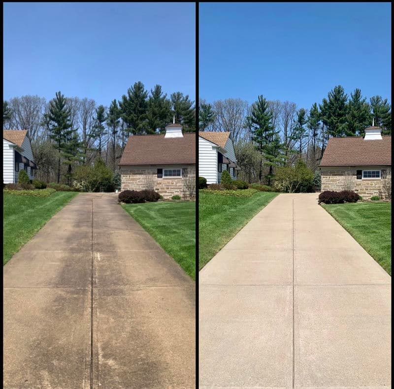 Before and after comparison of a cleaned driveway, showcasing improved appearance and maintenance.
