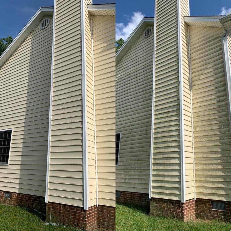 Before and after photo of house siding cleaning, showing significant dirt removal and restoration.