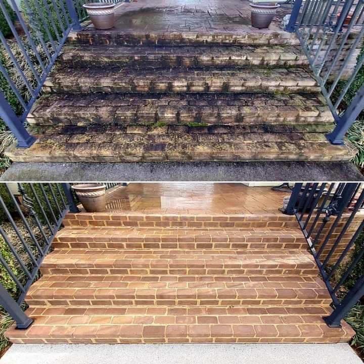 Before and after images of cleaned brick steps, showcasing effective restoration results.