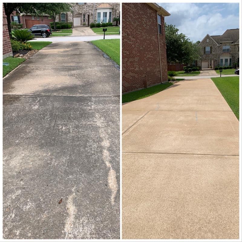 Before and after concrete cleaning showing restored driveway shine and cleanliness.