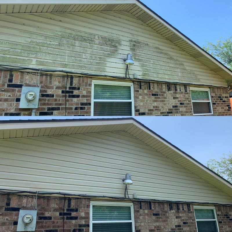 Before and after house exterior cleaning, showcasing significant improvement in appearance.