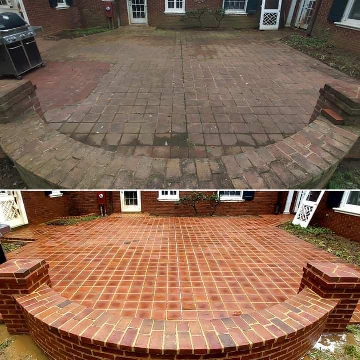 Before and after of a patio cleaning showing improved brick surface and vibrant colors.