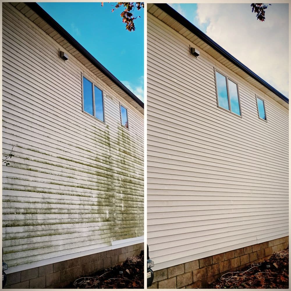 Before and after cleaning of a home's exterior, showing moss removal from siding.