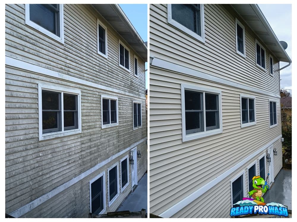 Before and after of a house cleaning, showing significant dirt removal and restored appeal.