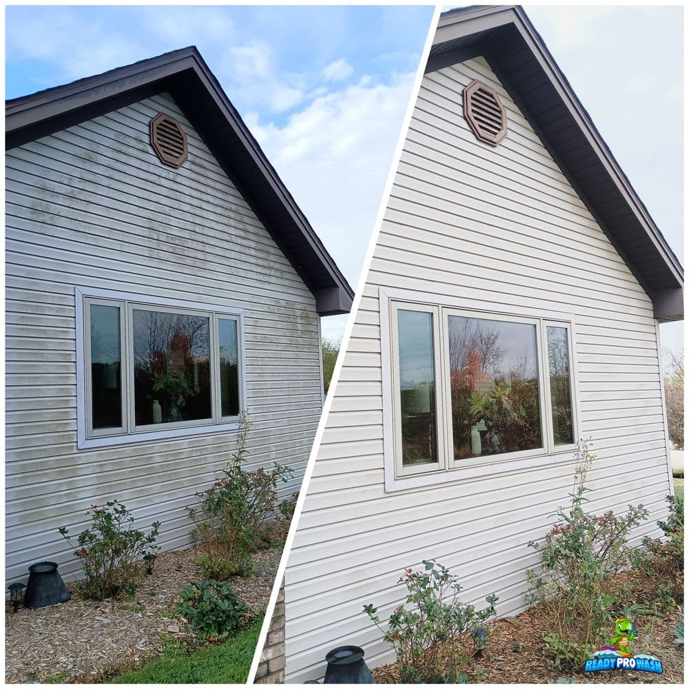 Before and after house cleaning, showcasing siding restoration and window clarity improvements.