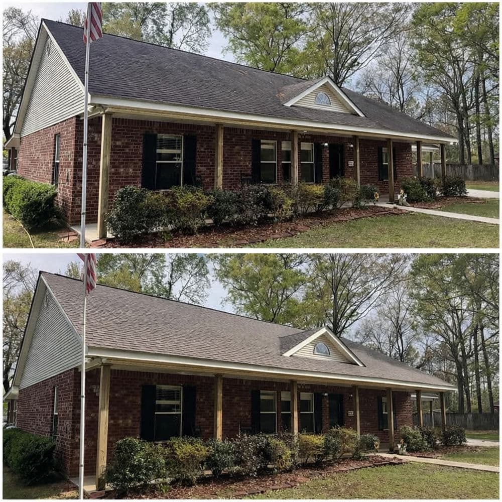Before and after comparison of a home's exterior, showcasing landscaping and roofing improvements.