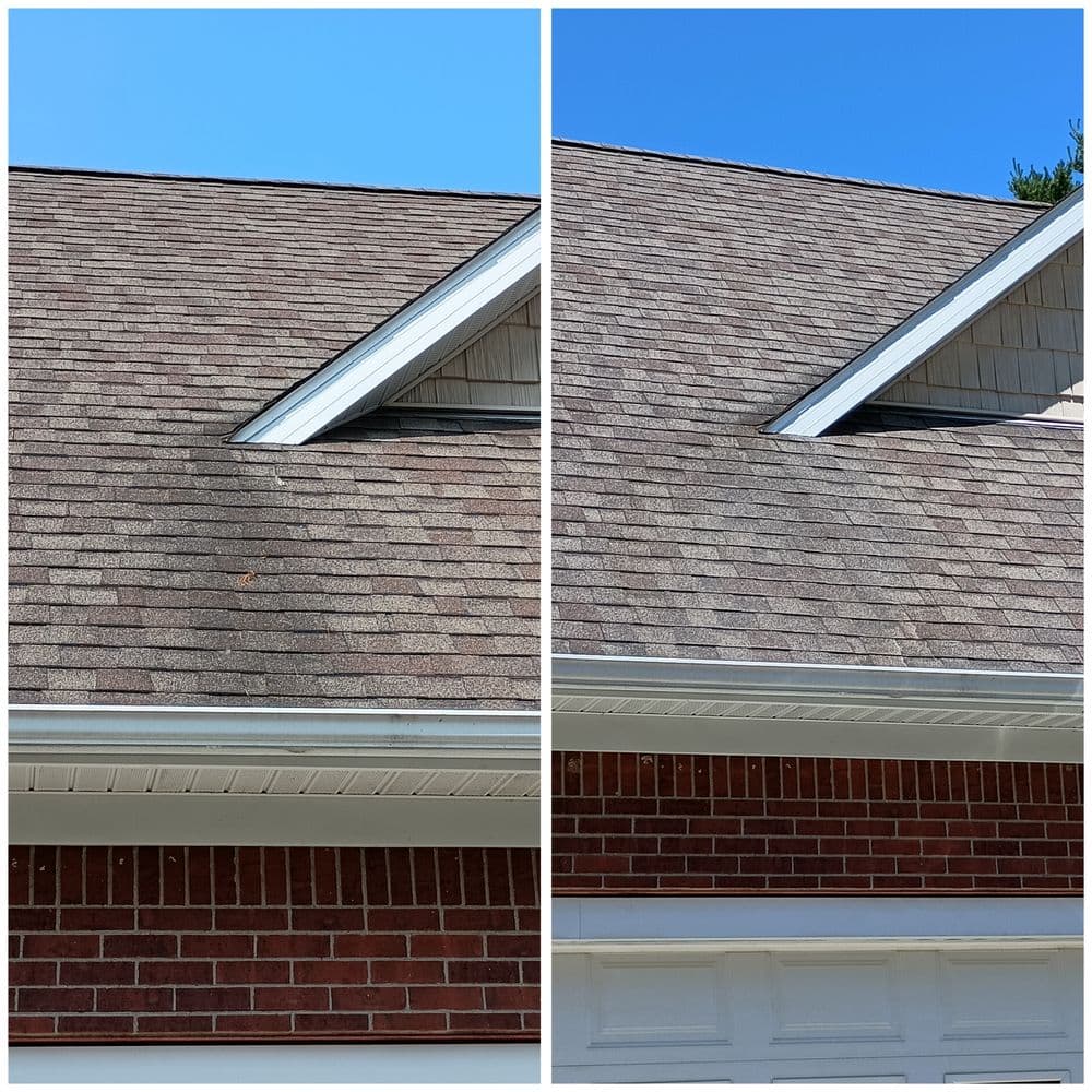 Before and after roof cleaning showing improved cleanliness and condition of shingles.