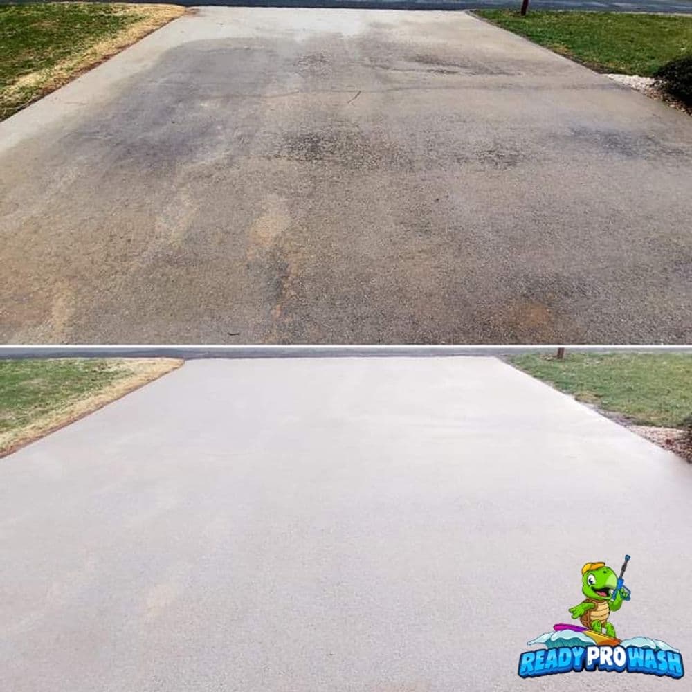 Before and after power washing driveway, showing clean, restored surface. Ready Pro Wash logo.