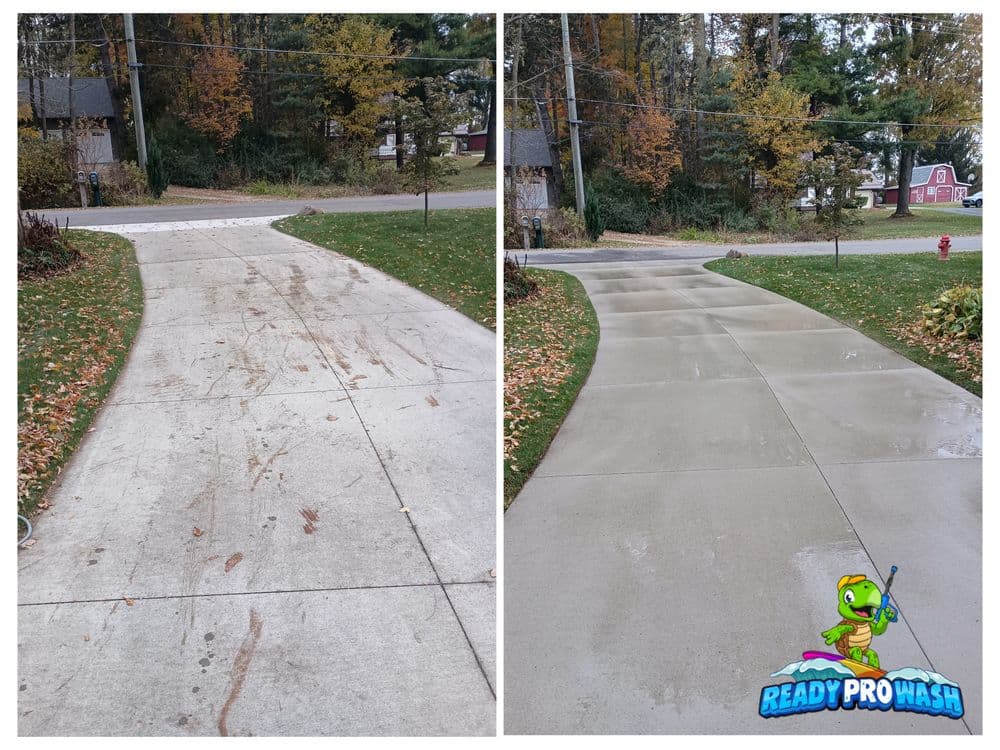 Before and after concrete driveway cleaning, showcasing impressive dirt removal results.
