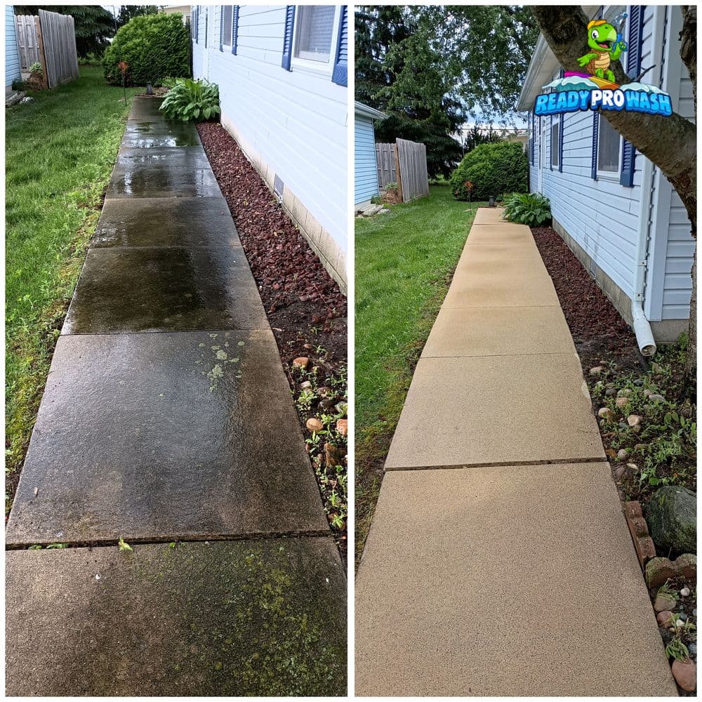 Before and after sidewalk cleaning showing significant dirt removal and improved appearance.