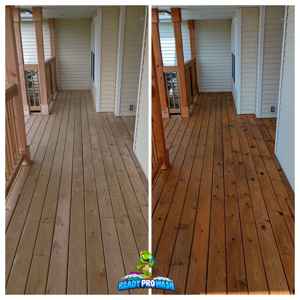 Before and after comparison of clean wooden porch floor, showcasing restored finish and color.