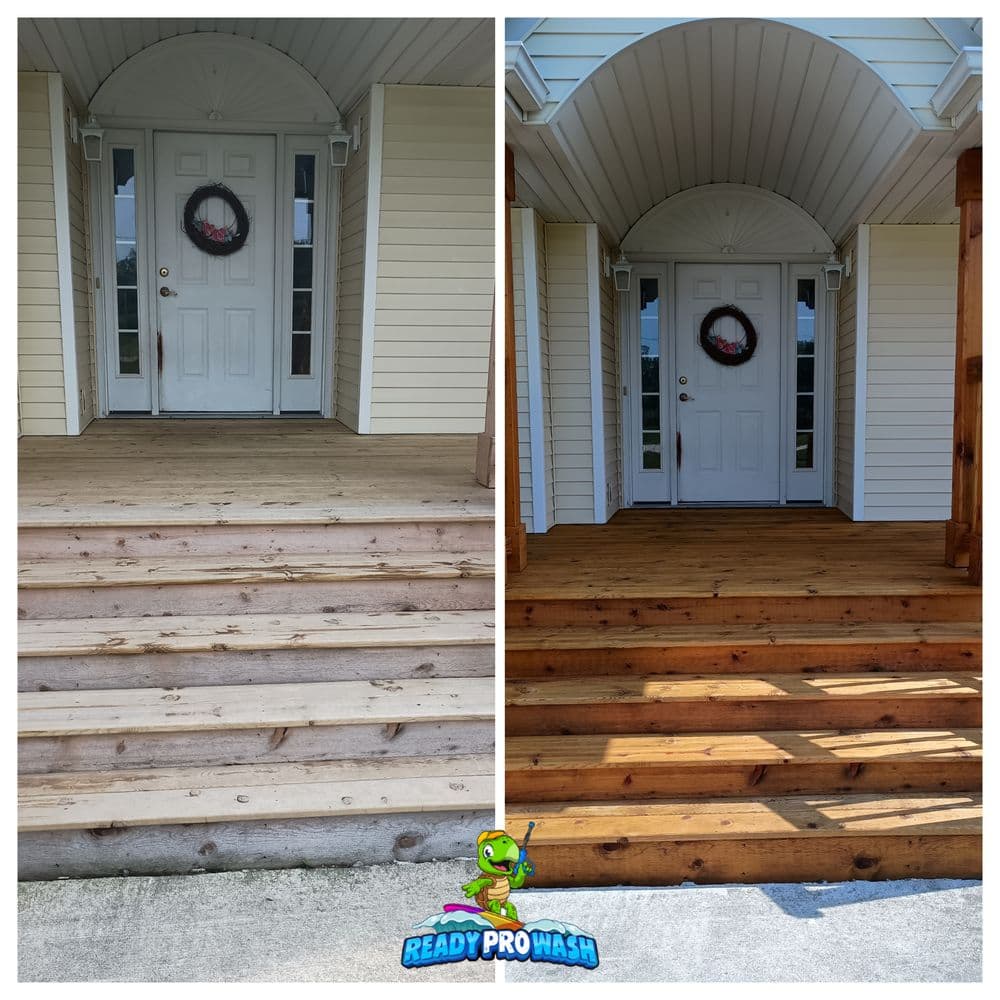Before and after pressure washing transformation of a porch and steps with a decorative wreath.