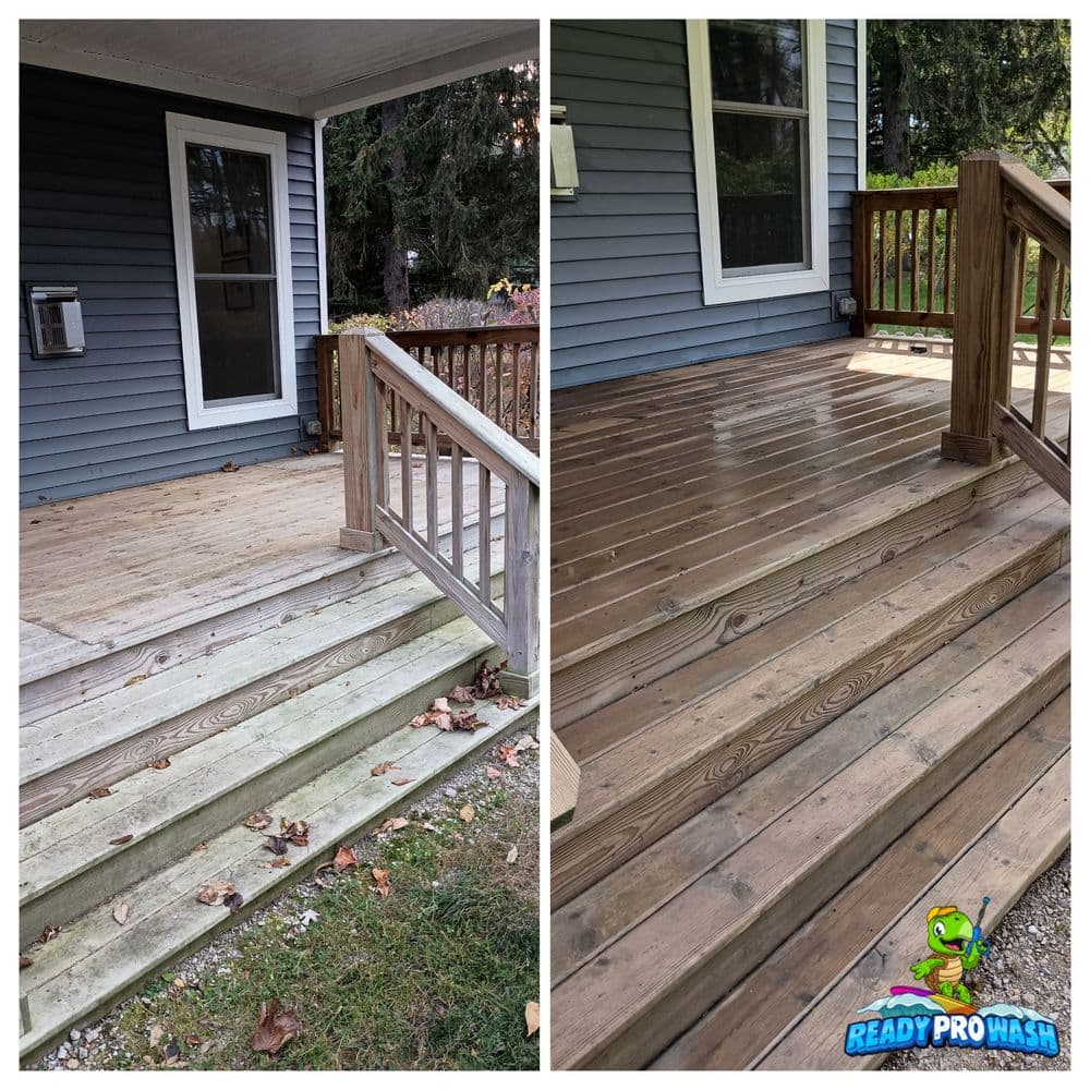 Before and after deck cleaning transformation service by Ready Pro Wash, showcasing restored wood.