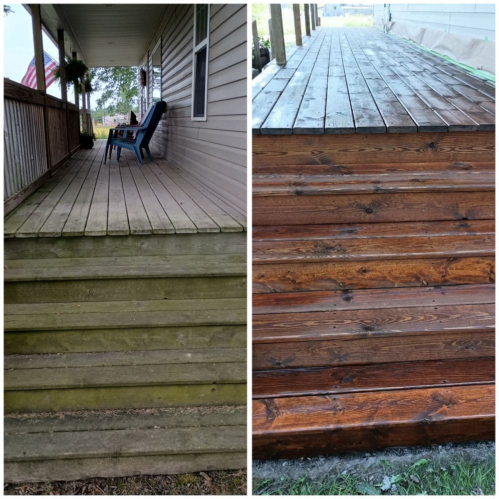 Before and after deck restoration showcasing clean, stained wood and improved aesthetics.