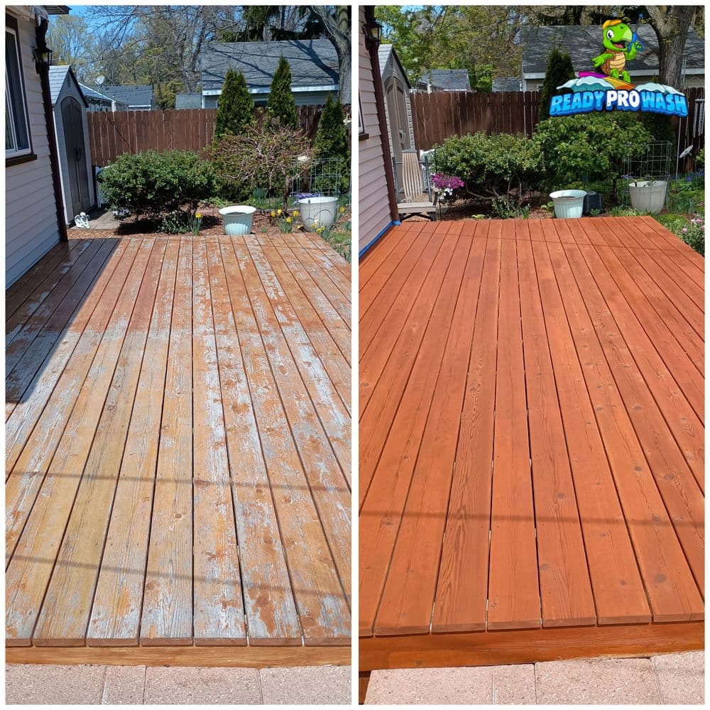 Before and after deck cleaning and staining by Ready Pro Wash, showcasing restored wood clarity.