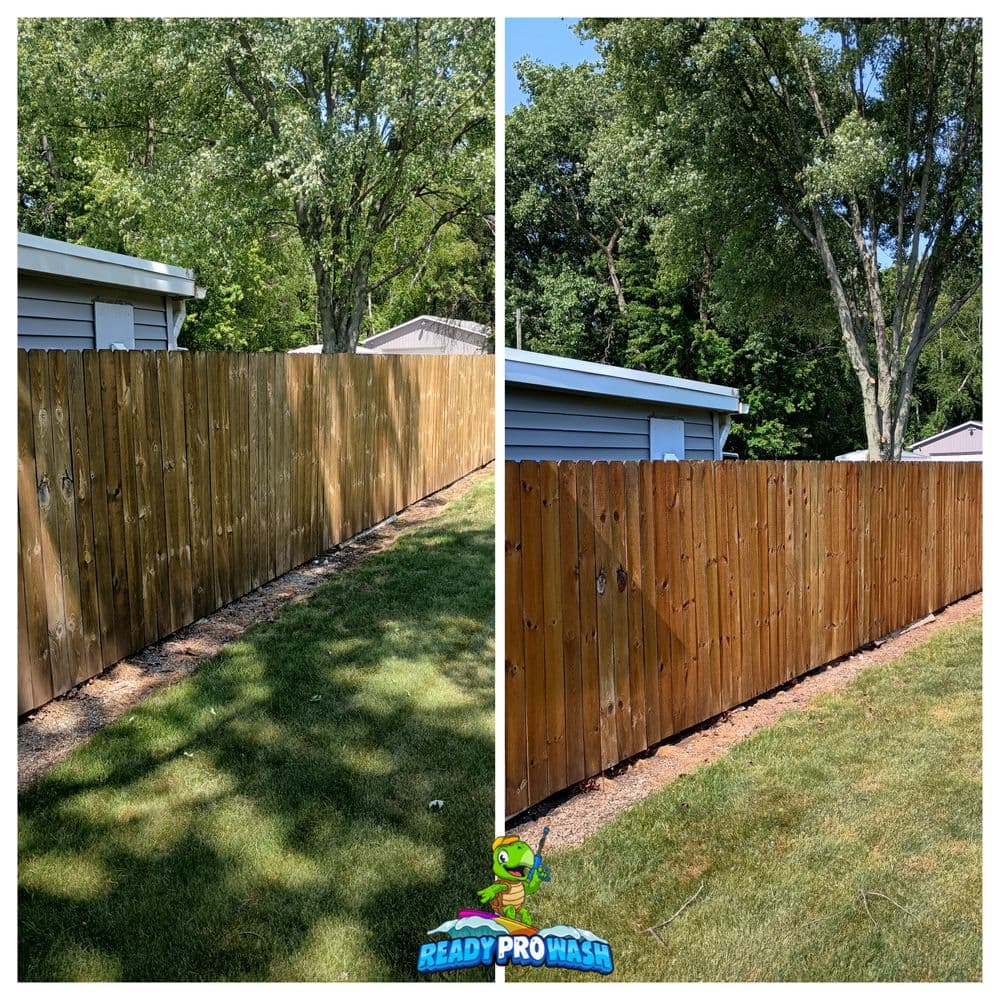 Before and after fence cleaning showcasing bright, restored wood with surrounding greenery.