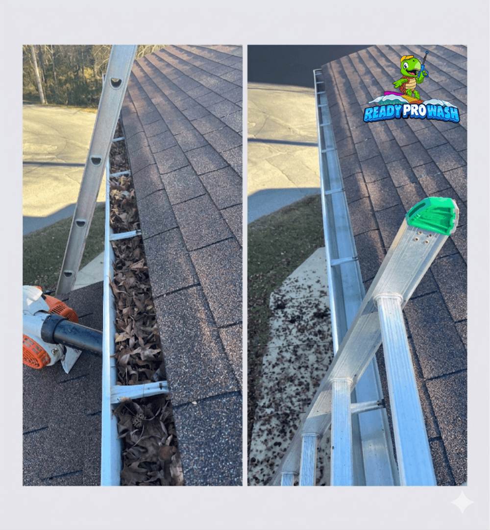 Gutter cleaning with a power blower and ladder, showcasing leaf removal efficiency.