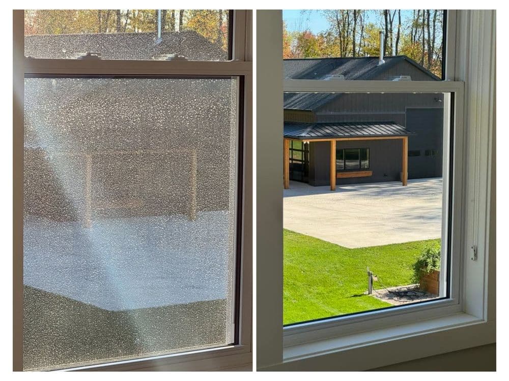 Window comparison showing condensation on the left and a clear view of a yard on the right.