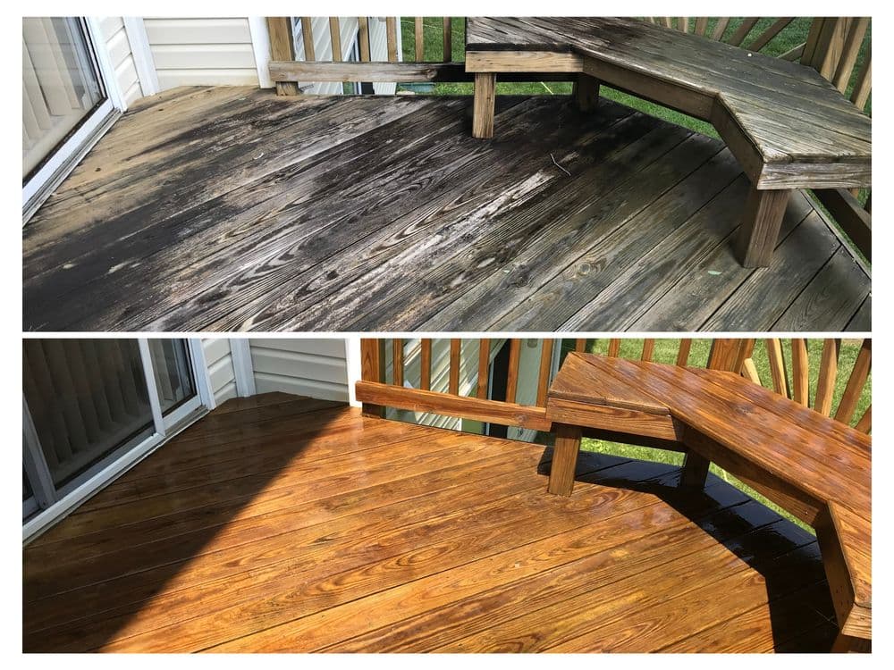 Before and after deck cleaning: revealing polished wood grain and improved appearance.