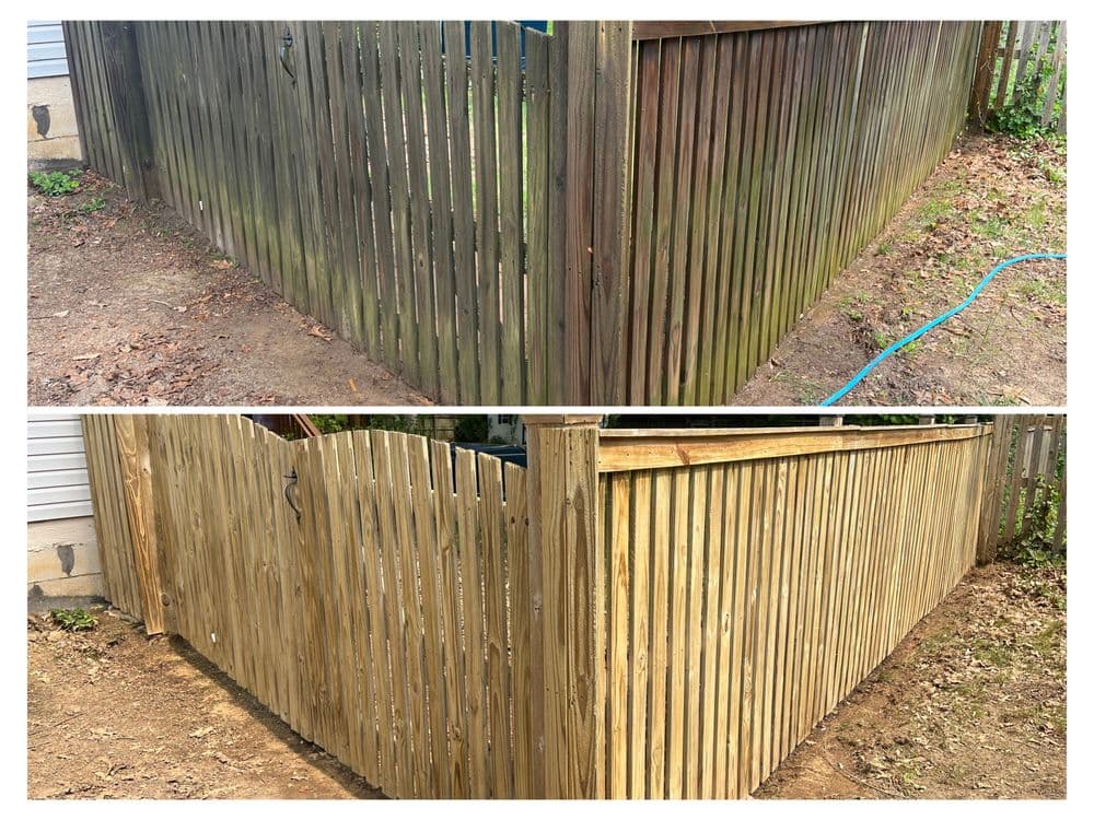 Before and after fence cleaning transformation, showing improved wood appearance and cleanliness.