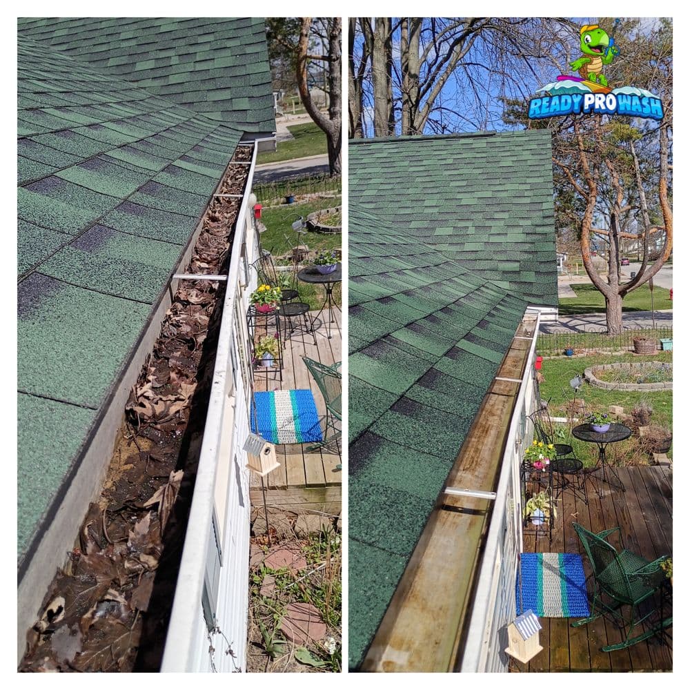 Before and after gutter cleaning showing leaves removed and clear gutters, enhancing home maintenance.