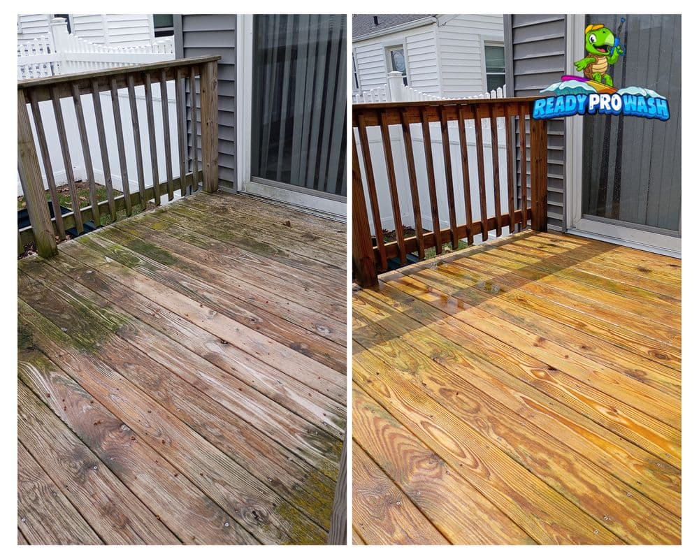 Before and after comparison of a cleaned wooden deck demonstrating effective power washing results.