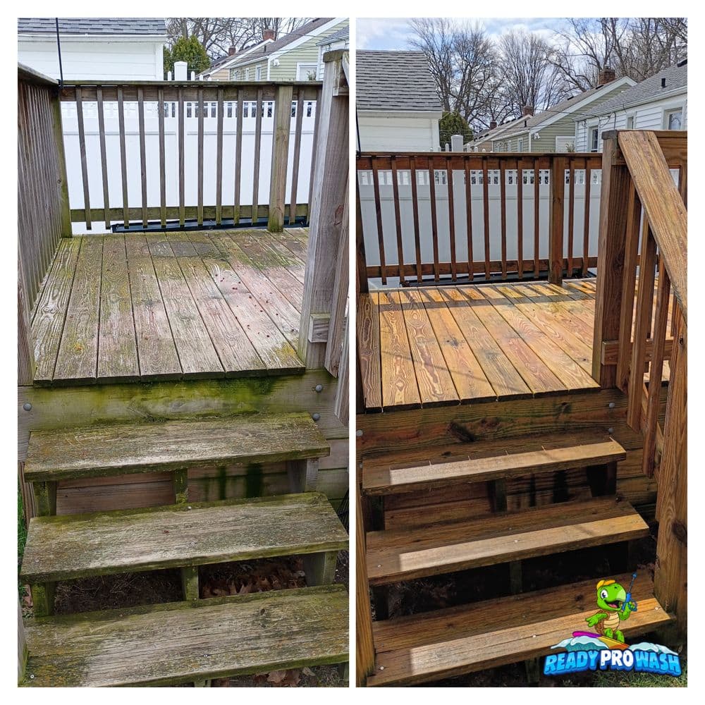 Before and after deck cleaning showing restored wooden steps and railings.