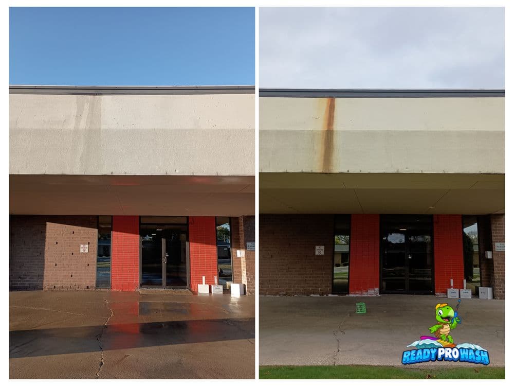 Before and after exterior cleaning of a commercial building showcasing significant stain removal.