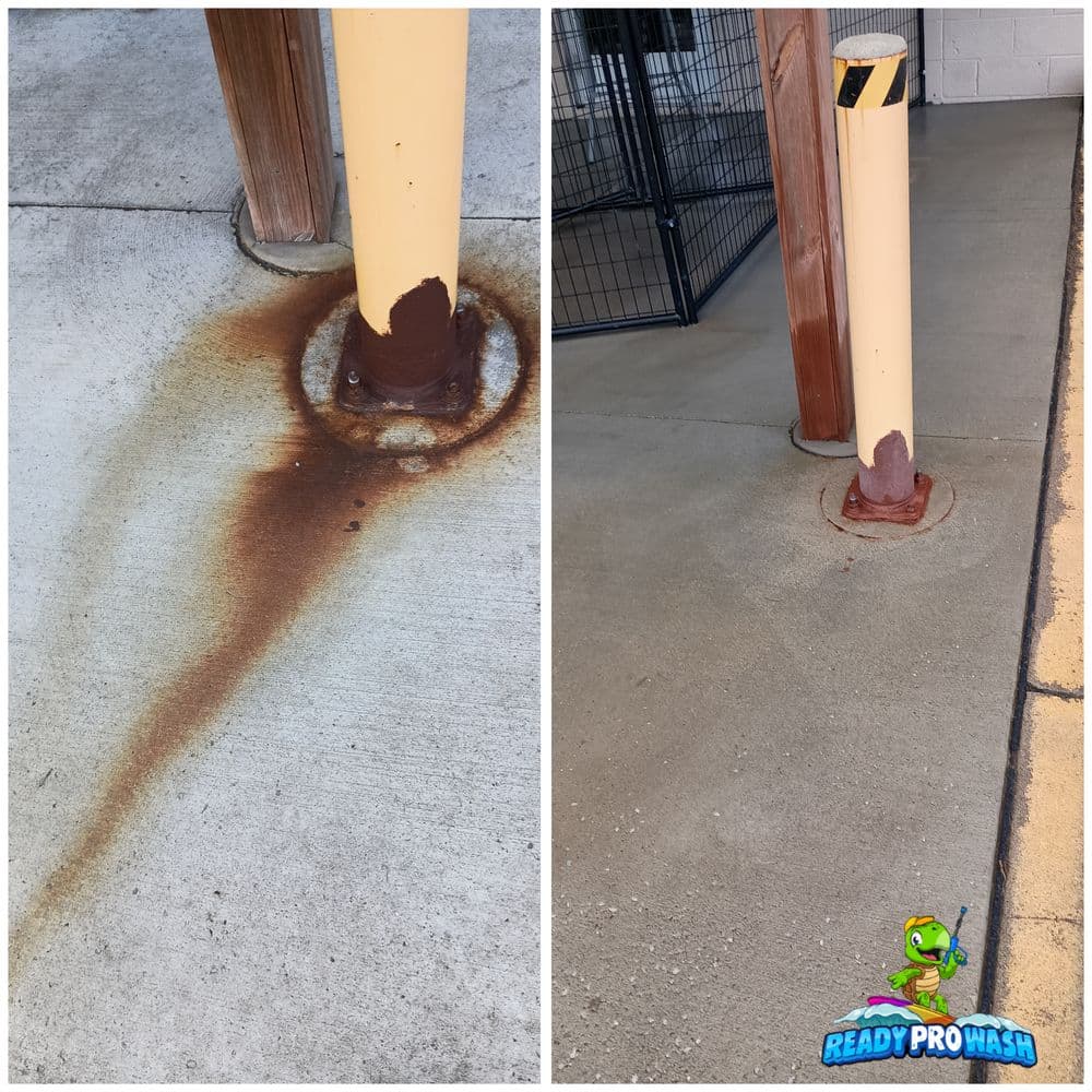 Before and after cleaning of a rust-stained pole base, showcasing improved surface cleanliness.