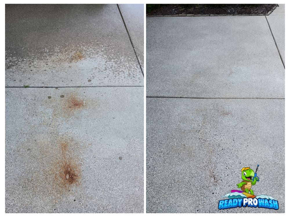 Before and after cleaning concrete sidewalk, showcasing effective stain removal results.